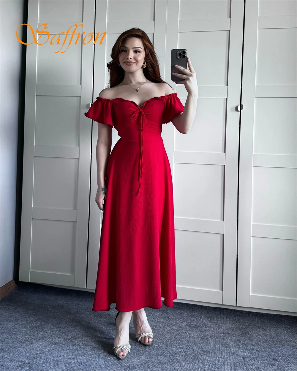 Customized Elegant Square Collar Evening Dress and Simple Jersey Special Occasion Gowns and Classic Short Sleeves Prom Dresses