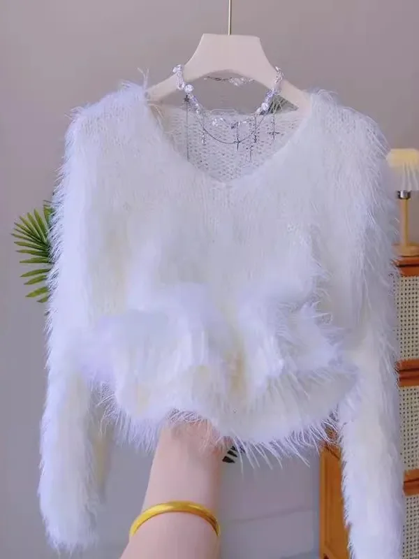 

Женский повседневный вязаный свитер с v-образным вырезом и мехом против старения, мягкий теплый осенне-зимний новый модный топ, качественный материал