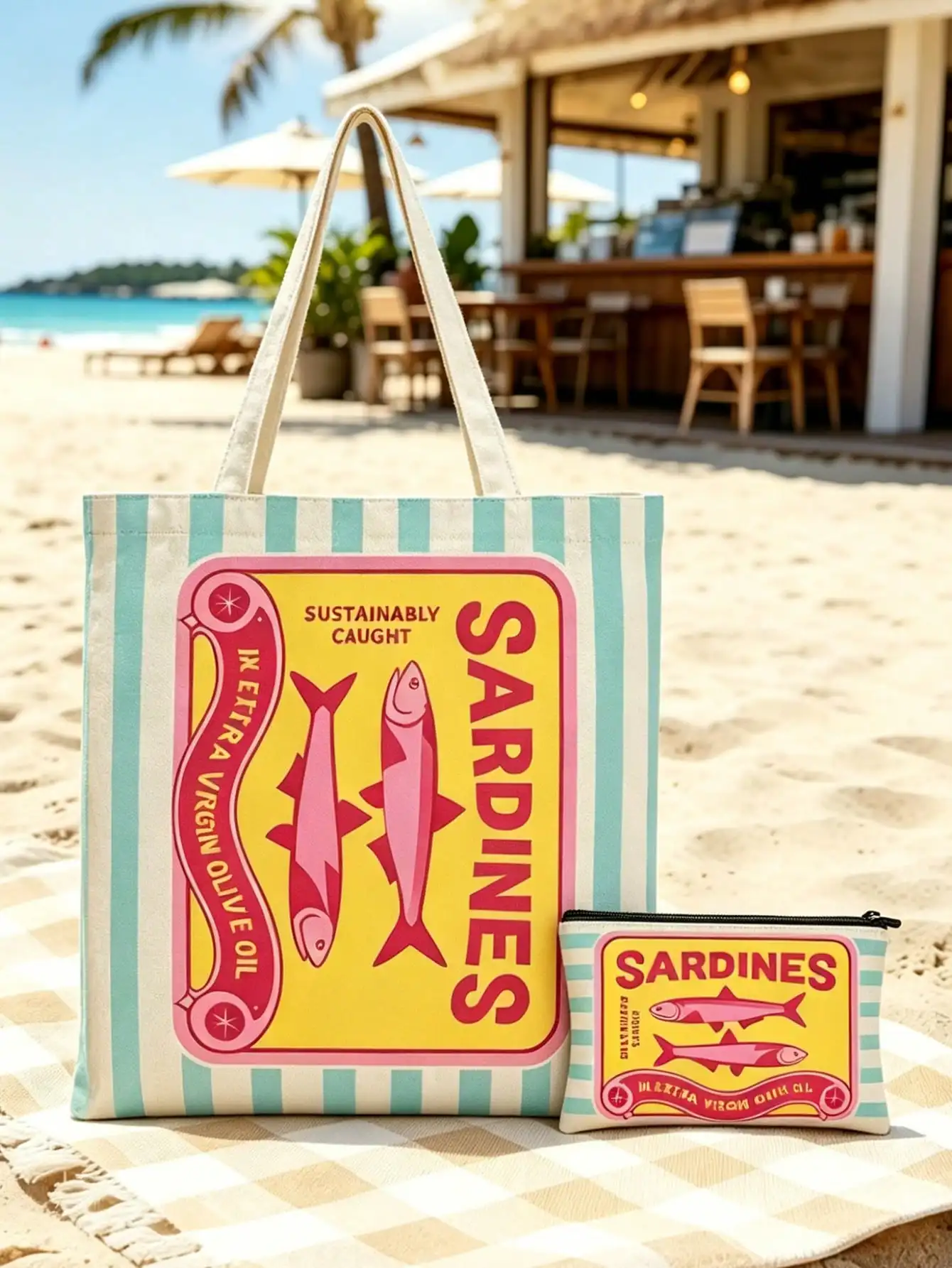 Tote Bag Makeup Bag with Retro Sardine Fish Pattern Suitable for Vacations Travel Commuting Shopping Gift for Family Friends