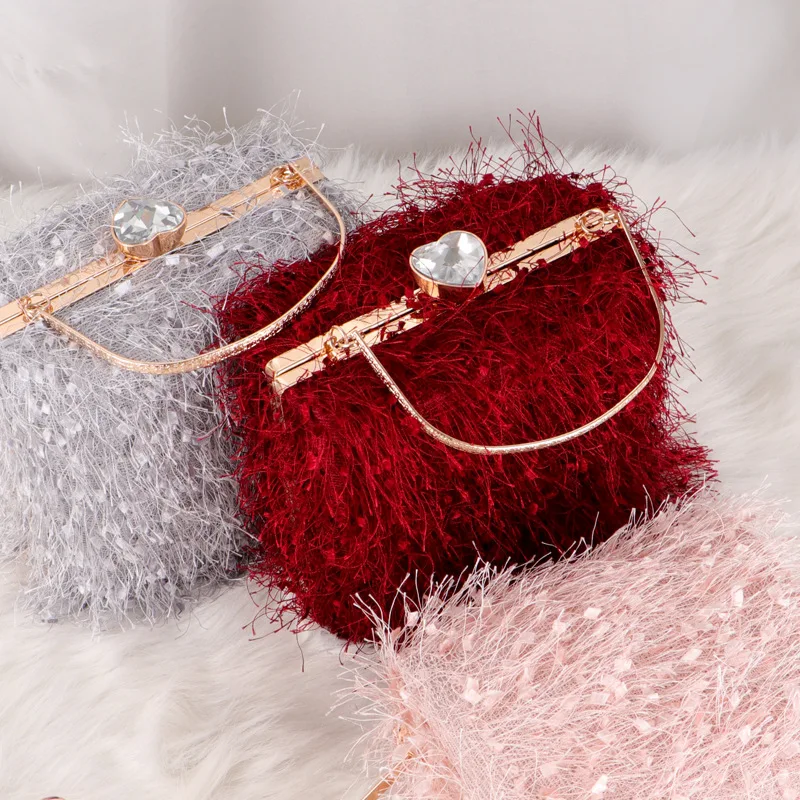 Box Shape Pink Feathers Womens Party Handbags Ladies Wedding Night Clutch Purse Tassel Plush Handbag Luxury Evening Party Bags