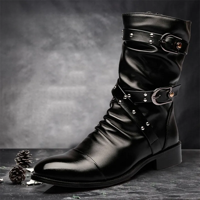 Platform Boots for Men British Pointed High-end Feeling,niche Cool Boots Belt Buckle with Thick Heel Design for Knight Men Boots