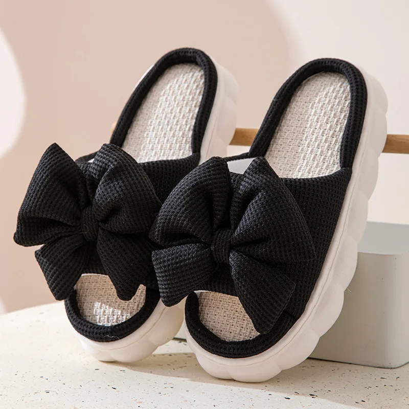 Solid Color Three-dimensional Bow Thick Soled Korean Style Sweet Four Season Home Wooden Floor Open Toe Slippers