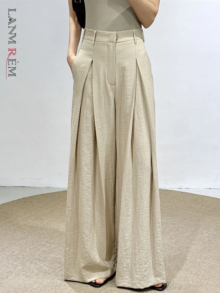 

LANMREM Cotton With Linen Wide Leg Pants For Women High Waisted Loose Pocket Trousers Khaki Black Color 2024 Summer New 2DA7880