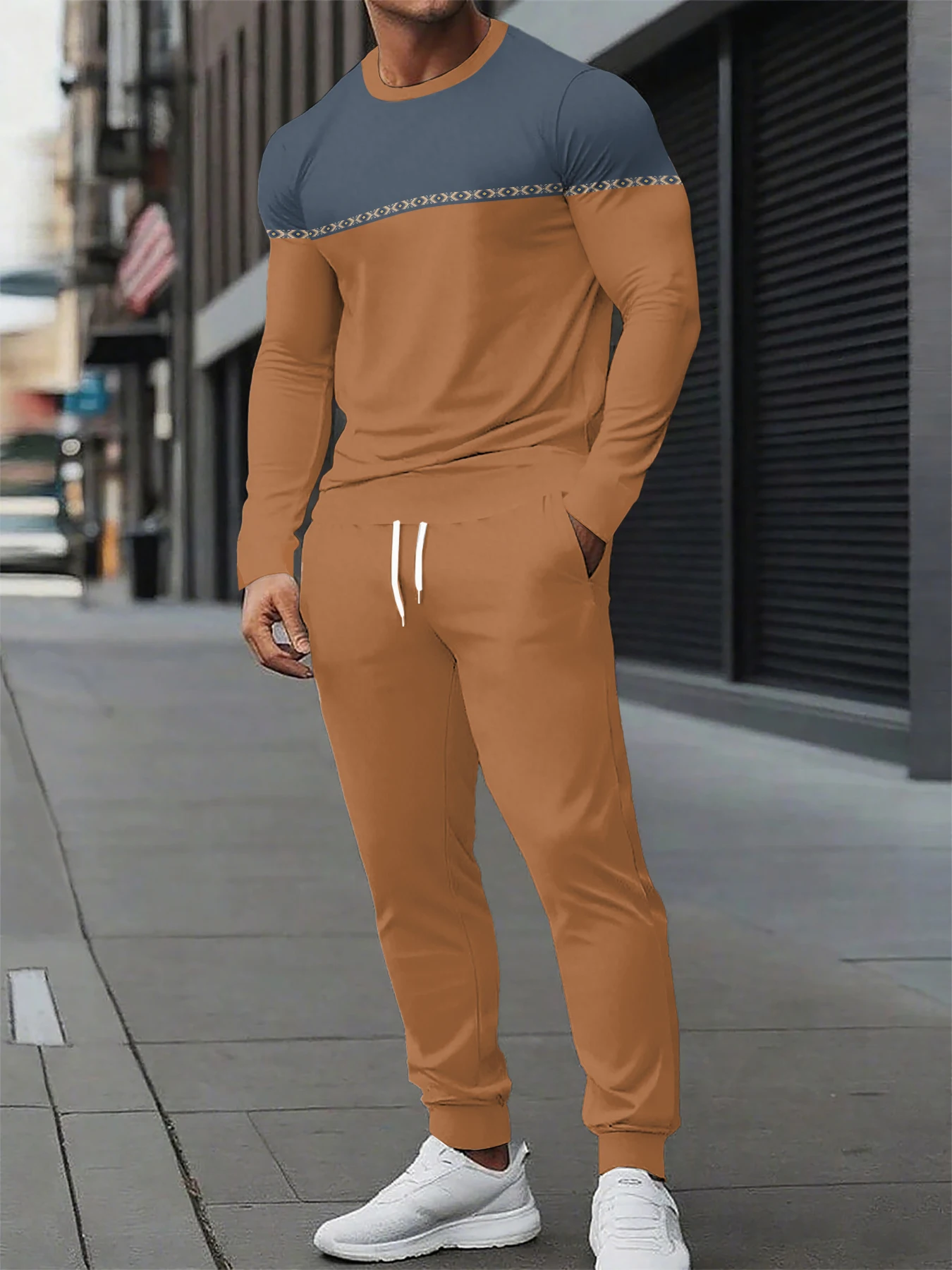 

Mens Cross Border Round Neck Tech Print Casual Sports Set Long sleeve Top Long Pants Loose fit Sweater and Sweatpants 2piece Se