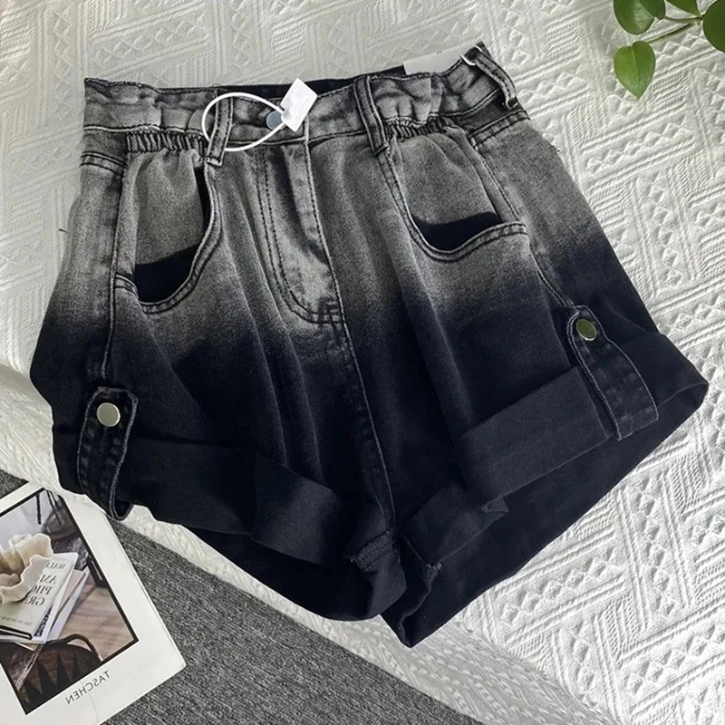 

Streetwear Gradient Black Roll Up Shorts Women Fashion High Waist Denim Short Pants Woman Spicy Girl Basic Wide-Leg Shorts Mujer