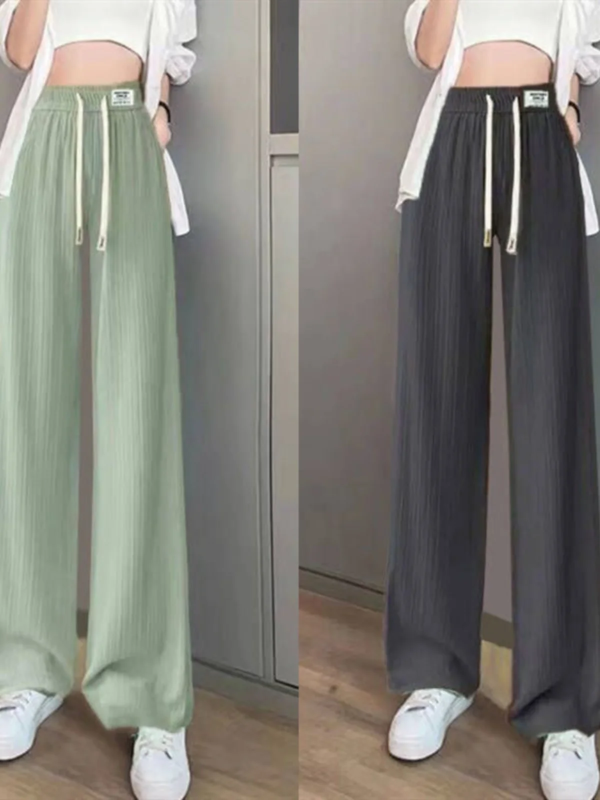 Quali Eisseide-Hose mit weitem Bein für Damen, Sommer, dünn, elastisch, lässig, gerade, koreanische SLE-Hose mit Kette, hohe Taille