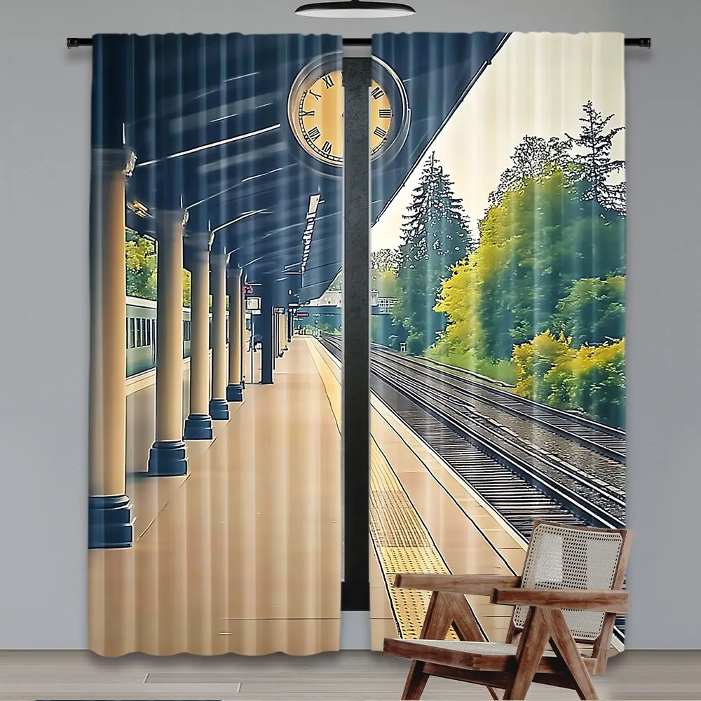 2Pcs Train Station Curtain For Party Decorations Brick Floor Pillar Clock Railroad Tree For Living Room Bedroom