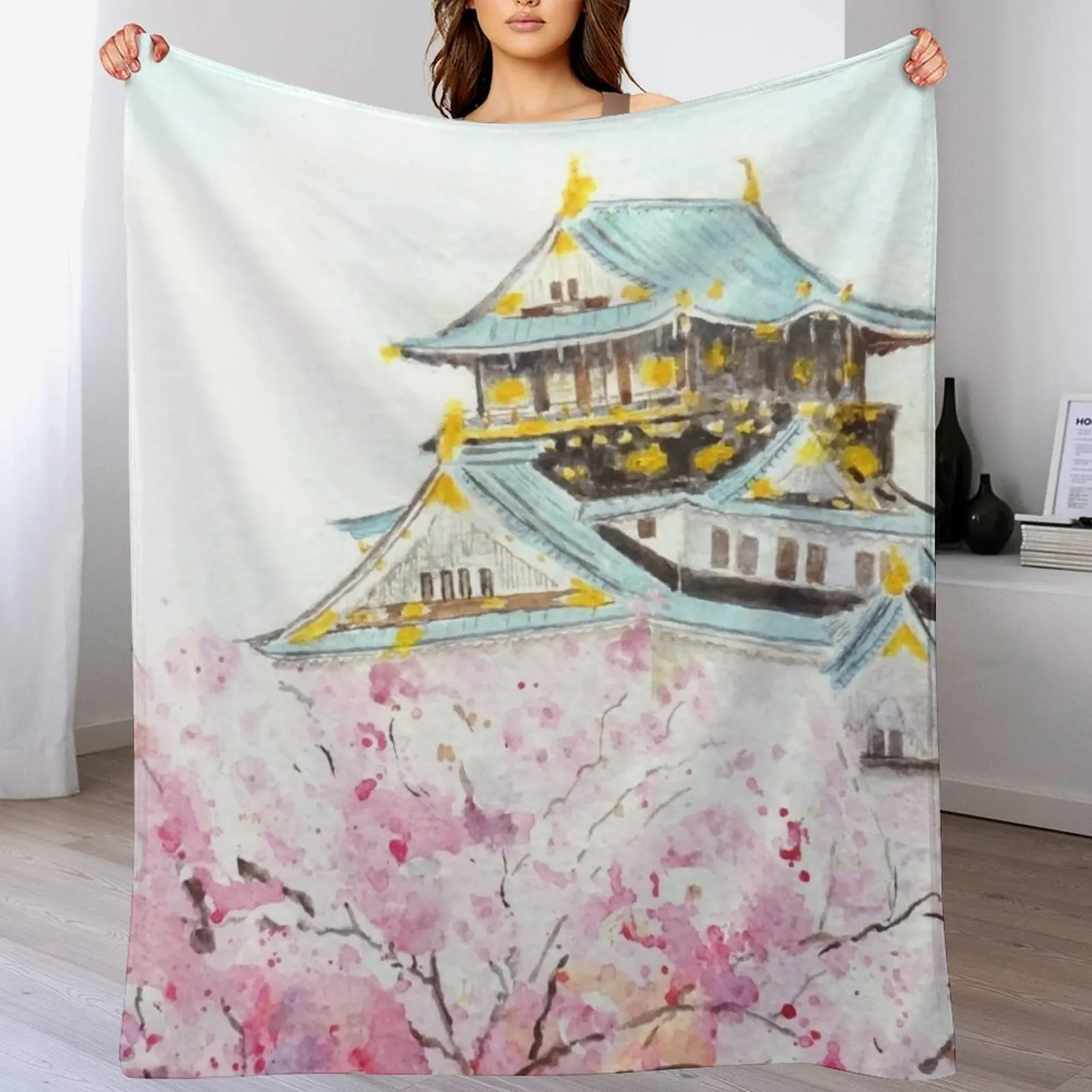 hand painted Japan Osaka castle and sakura watercolor painting Throw Blanket Summer Cool Breathable Blanket for Sleeping