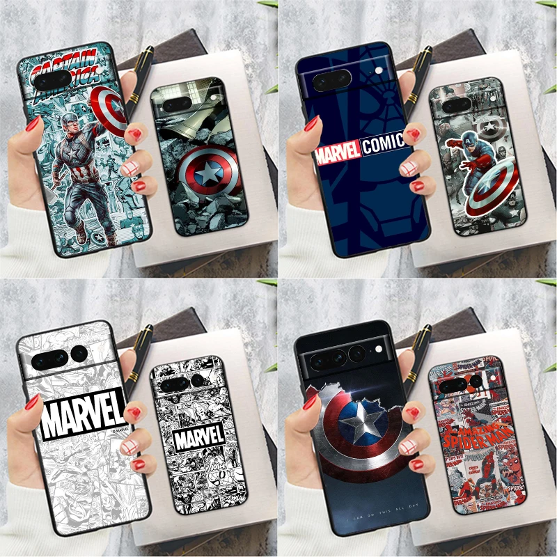 Marvel Captain America For Google Pixel 8 7 6 6A 5 4 5A 4A XL Pro 5G Silicone Shockproof Soft TPU Black Phone Case Cover Fundas