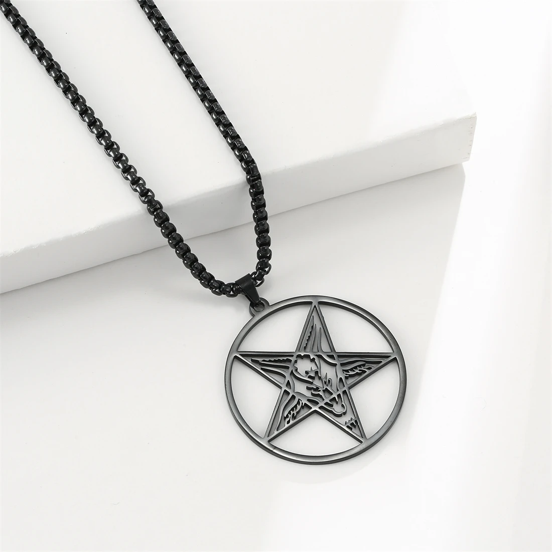 

EUEAVAN Punk Devil Satan Necklace for Men Stainless Steel Box Chain Hollow Pentagram Pendant Chain Rock Hip Hop Jewelry Gift