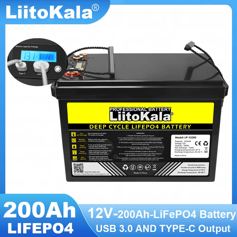 LiitoKala 12.8V 200Ah LiFePO4 battery 12V 4 String BMS USB 3.0 For Campers Golf Cart Off-Road Solar Wind 14.6V Charger TAX FREE