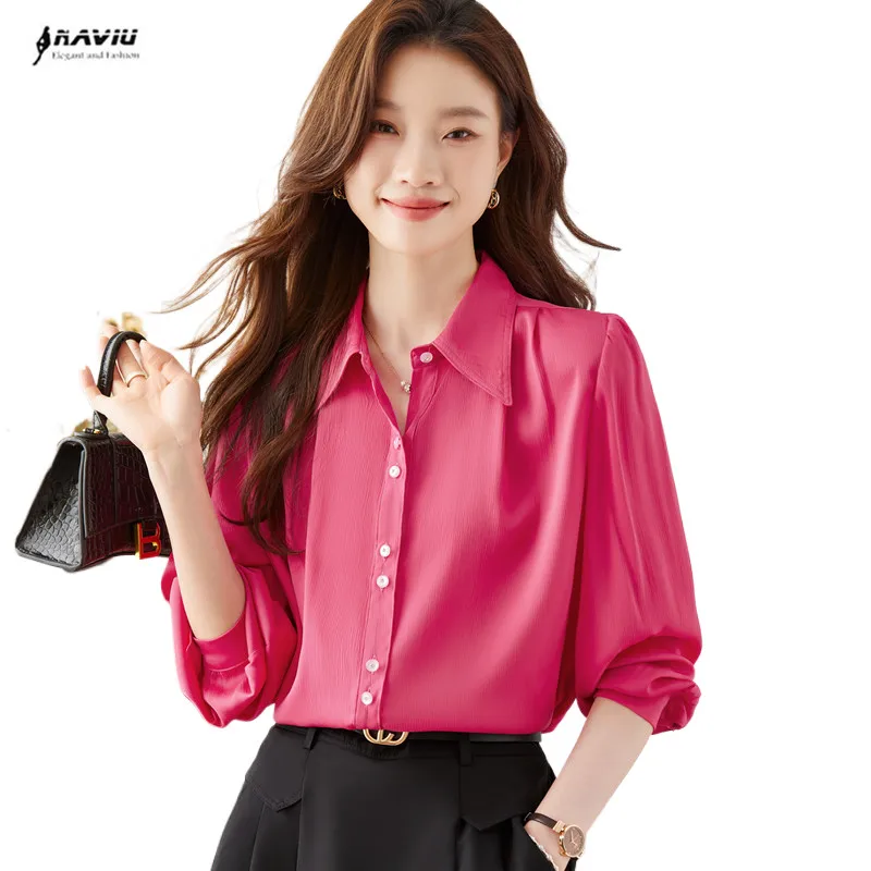 

NAVIU Women Shirt And Blouses Rose Red White Silky Soft Blouses Elegant Long Sleeve Chiffon Spring Top Office Shits Casual Tops