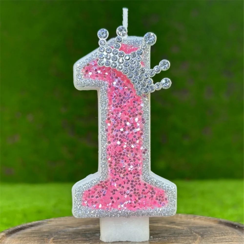 Shiny Pink Number 0-9 Birthday Cake Candle Kids Birthday Party Wedding Cake Candles Silver Crown Ornaments Digital Candles Decor