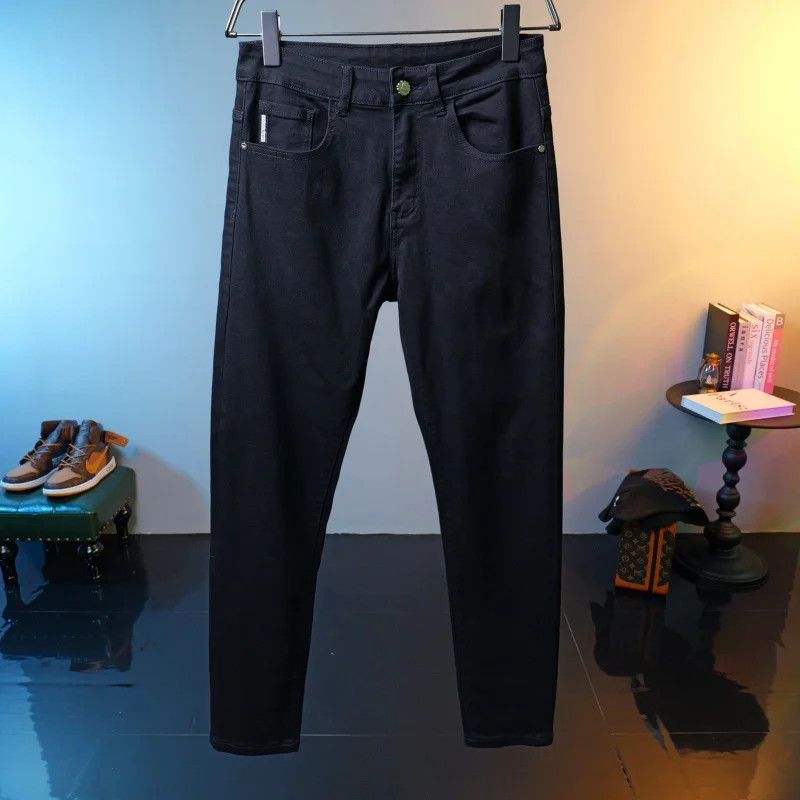 Pantalones vaqueros negros de lujo de gama alta para hombre, pantalones elásticos simples, a la moda, informales, a juego, ajustados, de calle