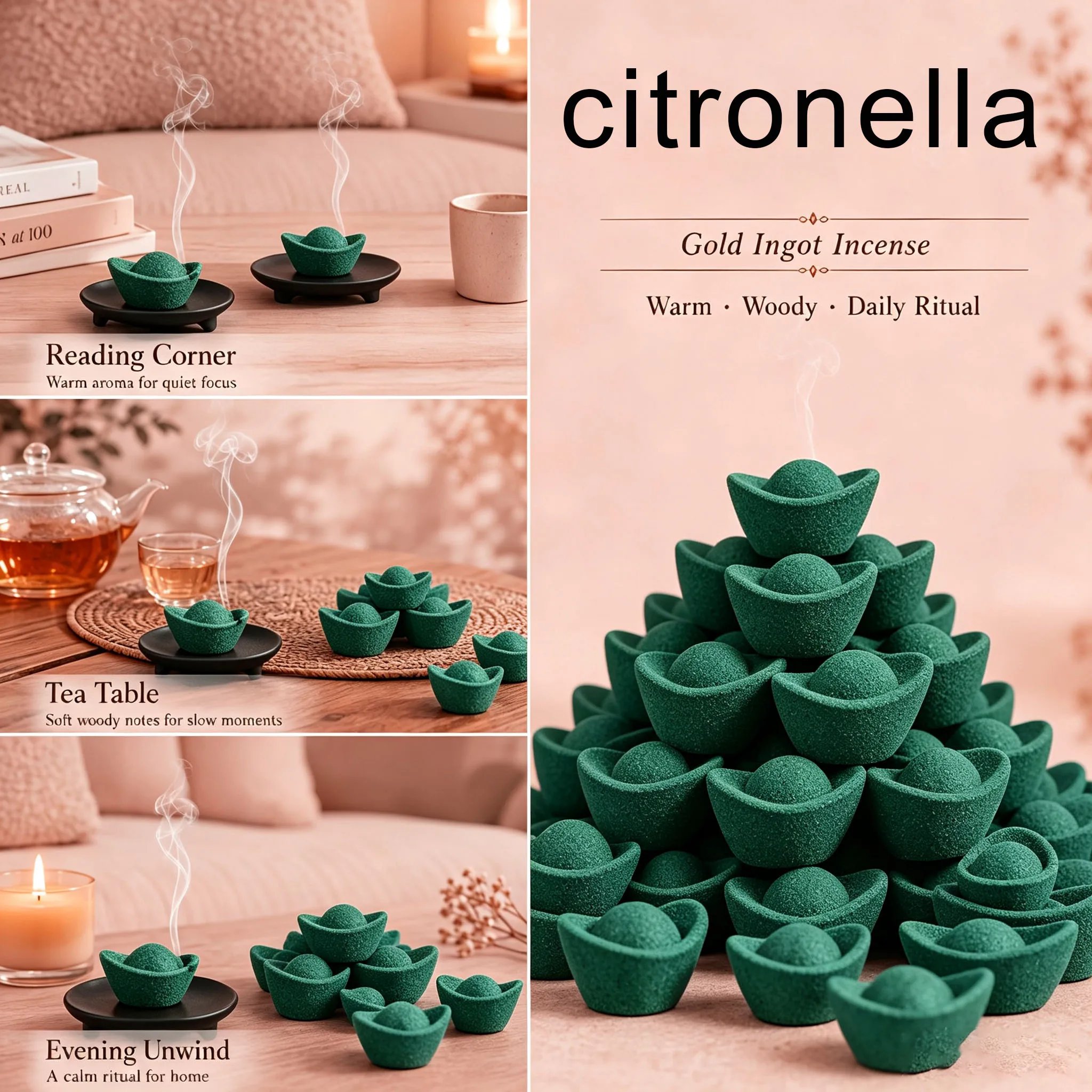 15/25/50 Pieces of Green Citronella Incense Sticks, Handmade, with a Long-Lasting Fragrance, Gold Ingot-Shaped, Symbolizing Wealth and Prosperity, Suitable for Home Rituals, Reading Desks, Tea Tables, Yoga Spaces, Cozy Evenings, and Gift-Giving