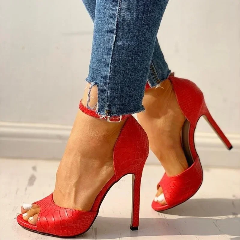 

Woman Pumps White Dress Wedding Shoes Women Ankle Strap Peep Toe High Heel Sandals Sexy Super High Heels Buckle Snake Pattern