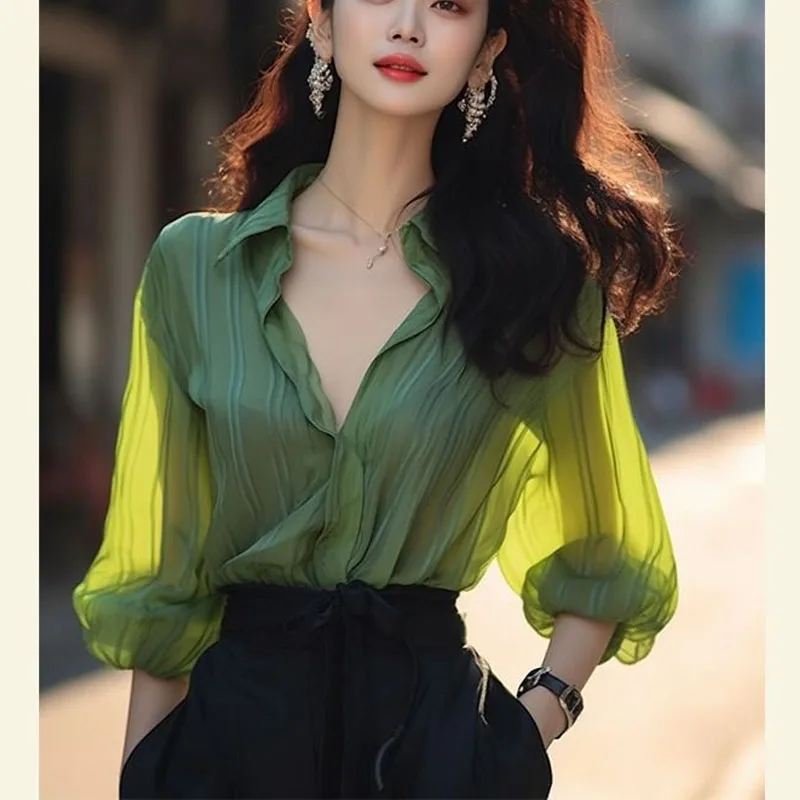 French Green Young Style POLO Collar Tops 2024 Spring New Women Popularity Unique Long Sleeved Elegance Office Lady Casual Shirt