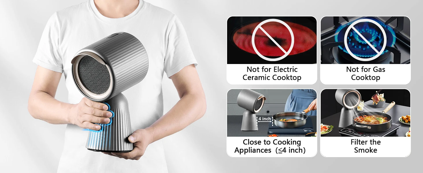 Topstrong Tragbarer Dunstabzugshaube mit 3 Geschwindigkeiten, leiser 55-dB-Küchenabluftventilator für Grill/Hot Pot, abnehmbare Filter, EU-Stecker (grau) – Detail 6