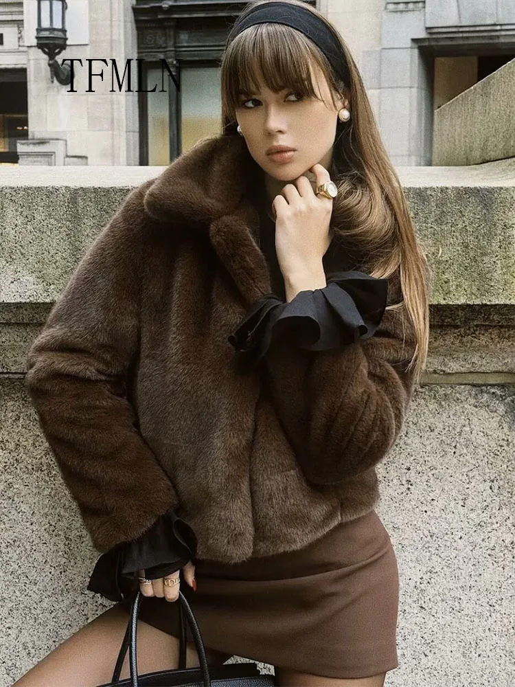 

TFMLN Fashion Women Faux Fur Jackets 2025 Autumn Winter Retro Causal Lapel Long Sleeve Street Coats Luxury Soft Cropped Outwear