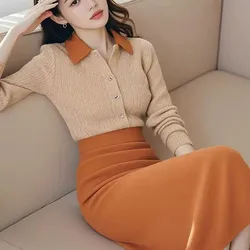 Autumn Winter Office OL Two Piece Set Elegant Women Lapel Single Breasted Knitted Sweater Shirt Tops + Orange Split Skirt Suits