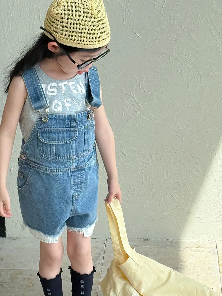 2025 Summer New Children Loose Overalls Girls Denim Fringed Shorts Kids Jeans Bib Baby Jumpsuit Boys Casual Strap Shorts