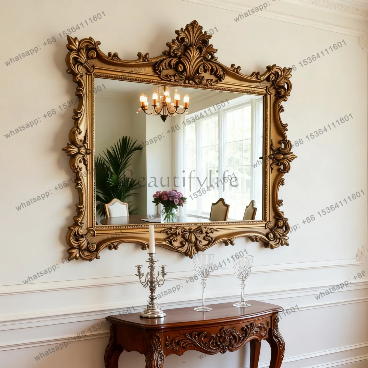 European retro carved makeup mirror wall hanging light luxury high definition vanity mirror
