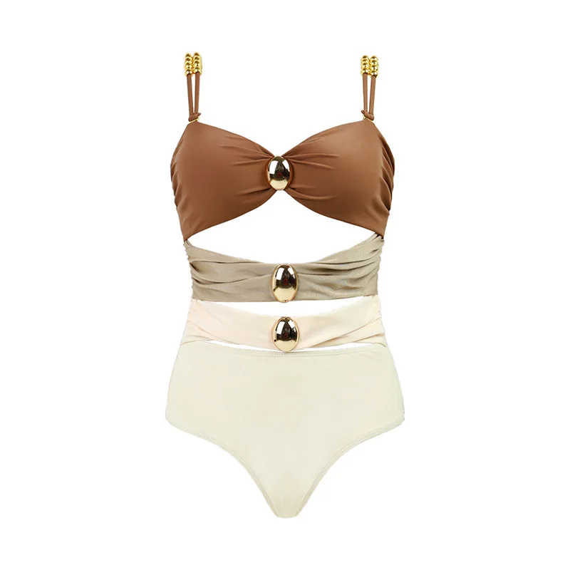 Nowy strój kąpielowy dopasowany kolorystycznie seksowny, wydrążony jednoczęściowy damski strój kąpielowy z wiązaną spódnicą, strój kąpielowy damski