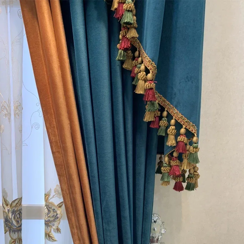 American Retro Blue Orange Velvet Patchwork Thick Shading Curtains For Living Room Bedroom Study Villa Custom Embroidered Yarn