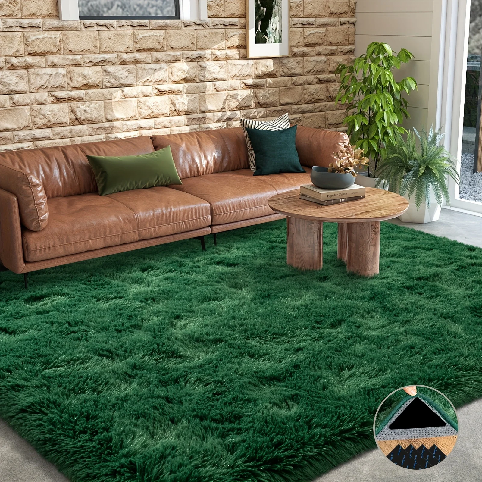 Tapis moelleux doux vert foncé, adapté au tapis de décoration de salon, chambre à coucher, tapis en peluche carré antidérapant amélioré