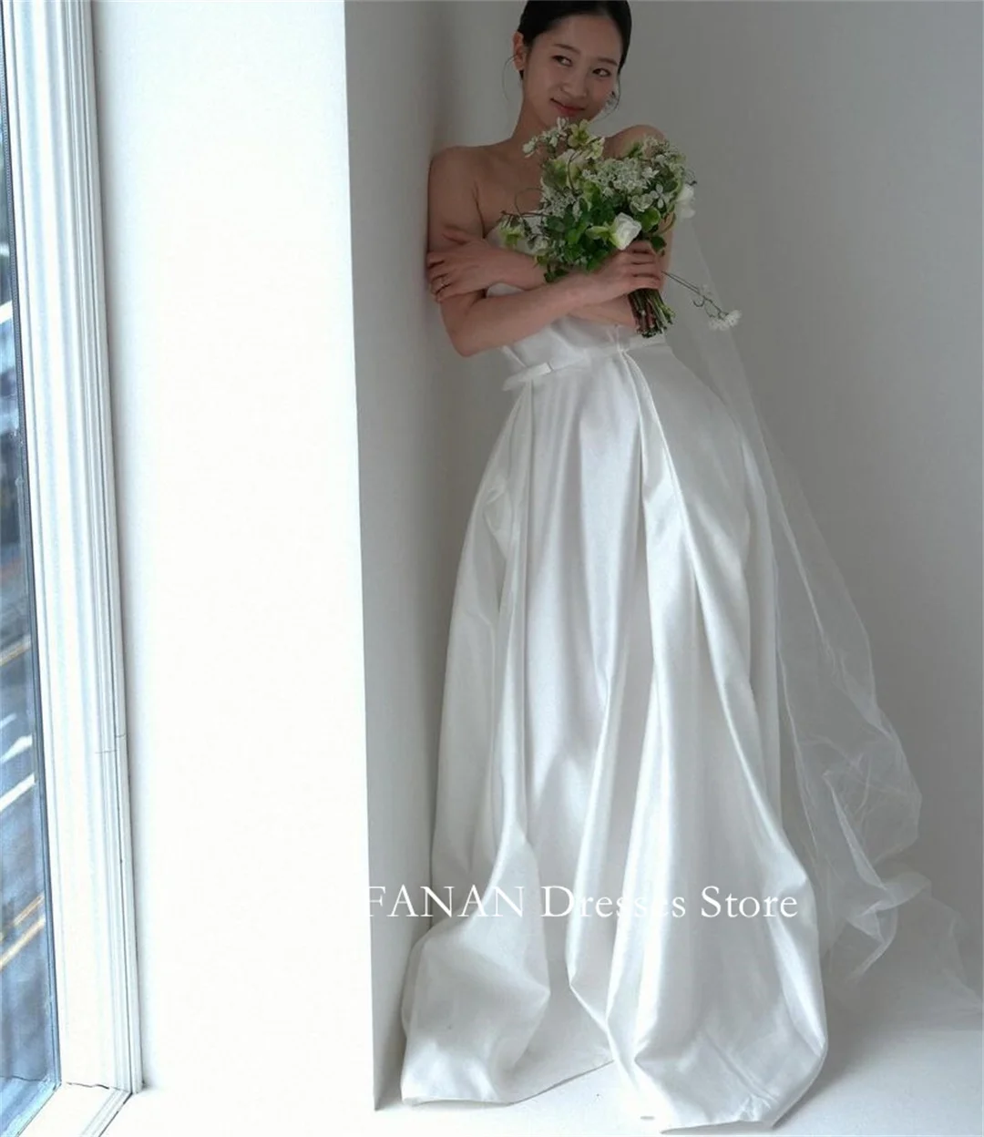 

FANAN Strapless Korea Ivory Sleeveless Vintage Wedding Dresses 웨딩드레스 Satin Zipped Custom Made A-Line Bride Gowns Plus Size