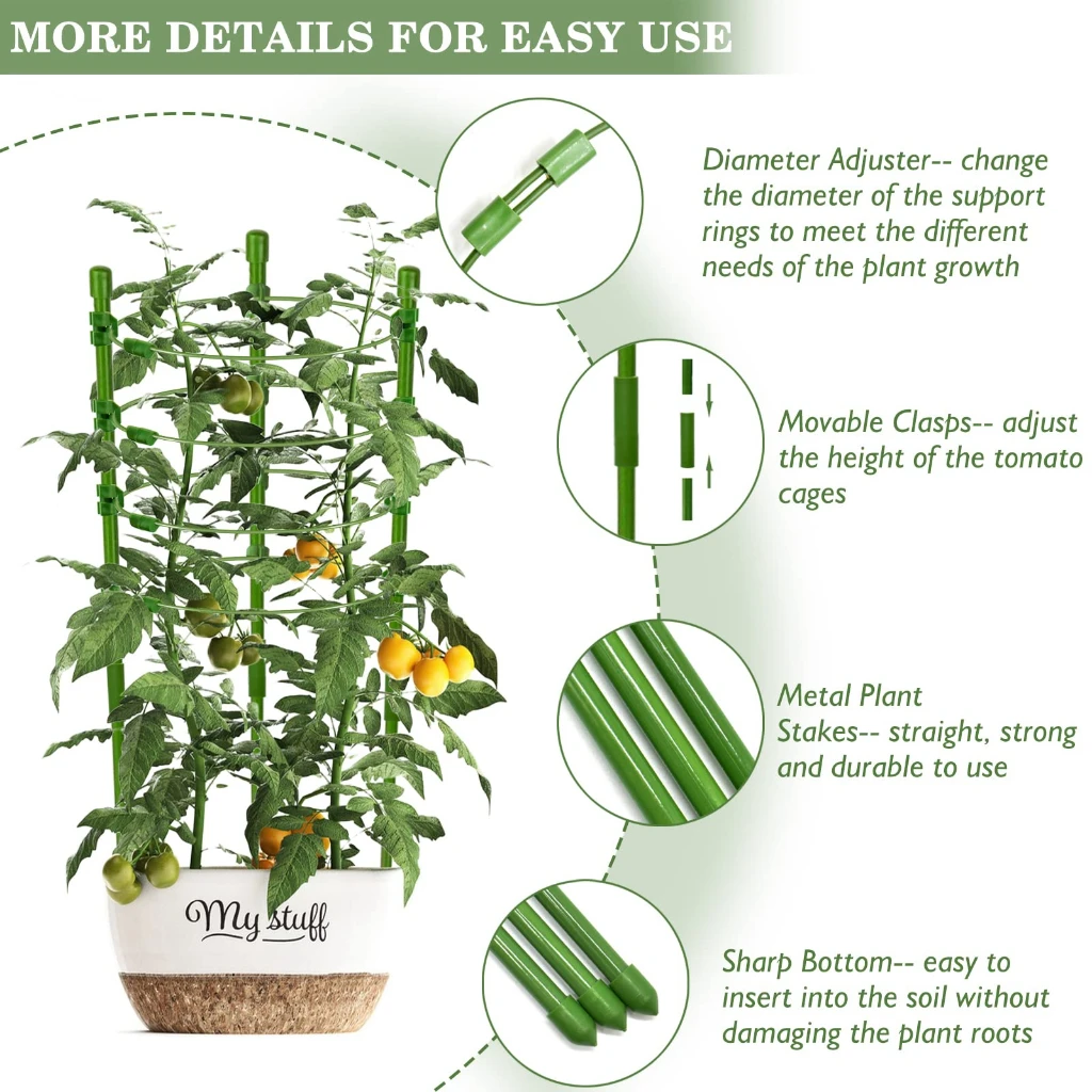 90cm Adjustable Tomato Cage 36 inches Plant Support Cages Cucumber Trellis for Climbing Plants 4 Adjustable Rings and Plant Clip