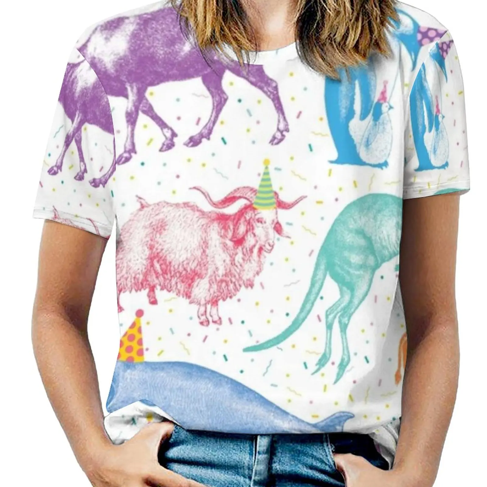 Party Animals Women T-Shirt Crewneck Casual Short Sleeve Tops Summer Tees Party Animals Confetti Shark Giraffe Turtle Monkey