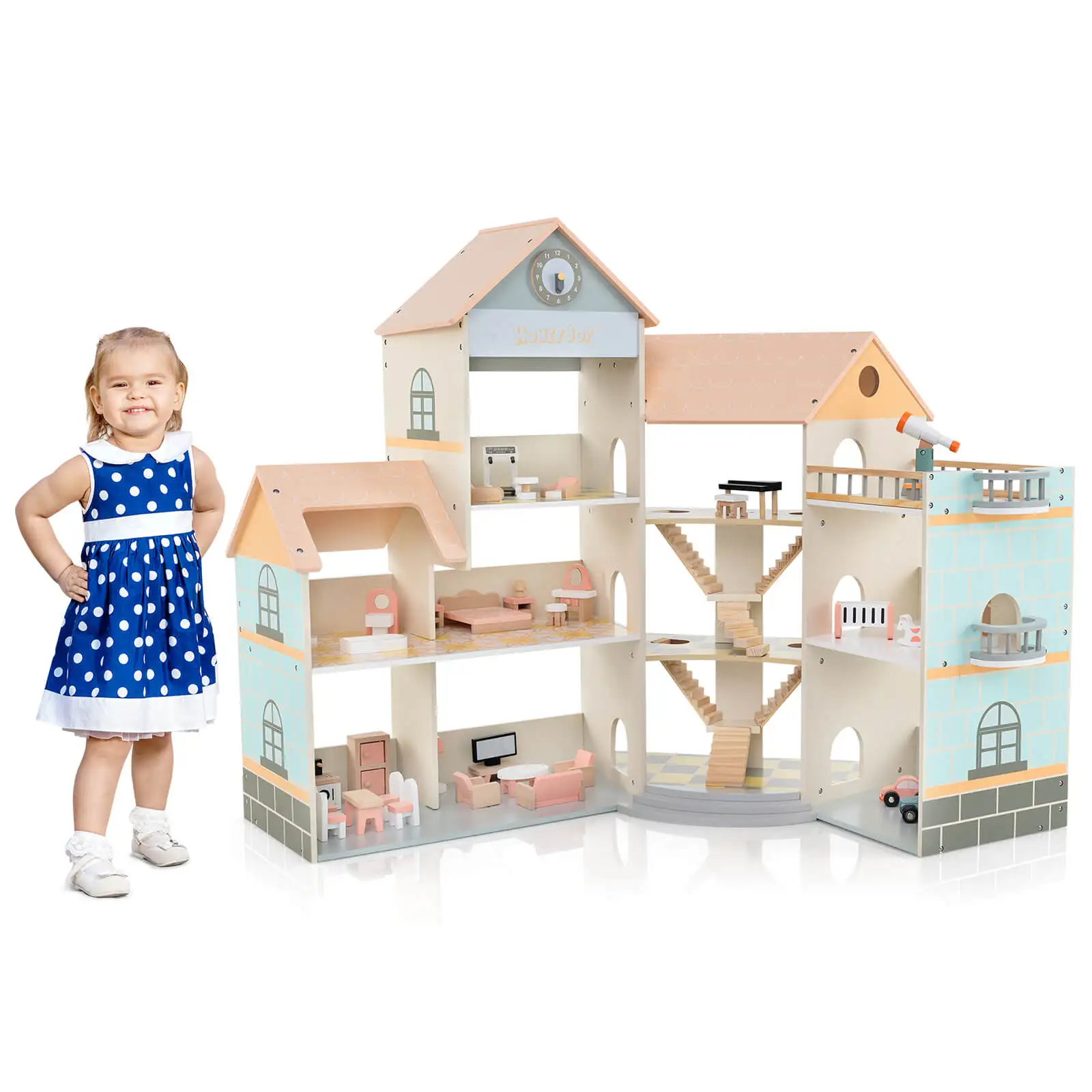 

Wooden Corner Dollhouse Playset with 41 Pieces of Furniture and Accessories