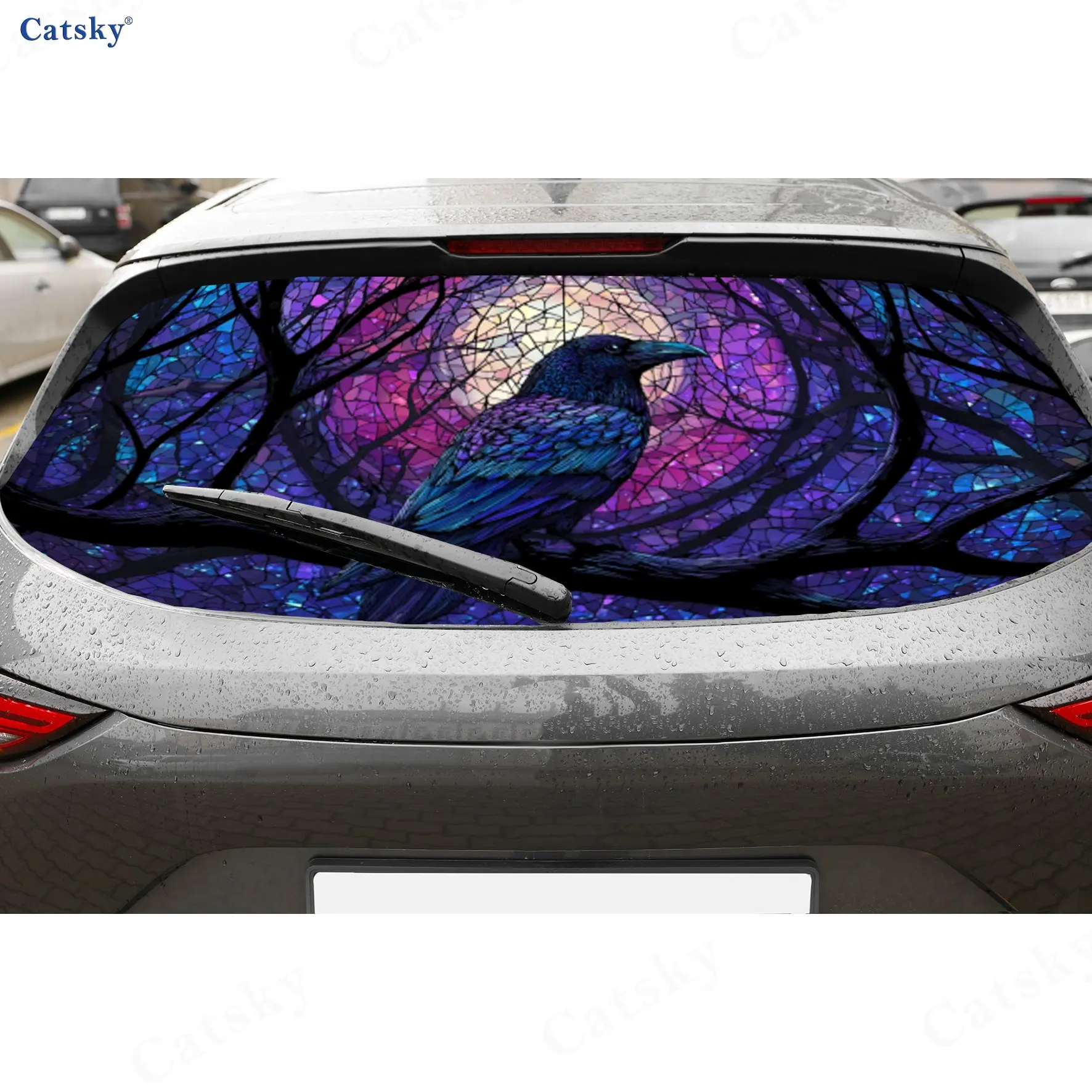Iridescent Glass Raven PVC Perforated Car Vinyl Wraps, Durable Car Rear Windshield Sticker, Waterproof Car Rear Window Decal