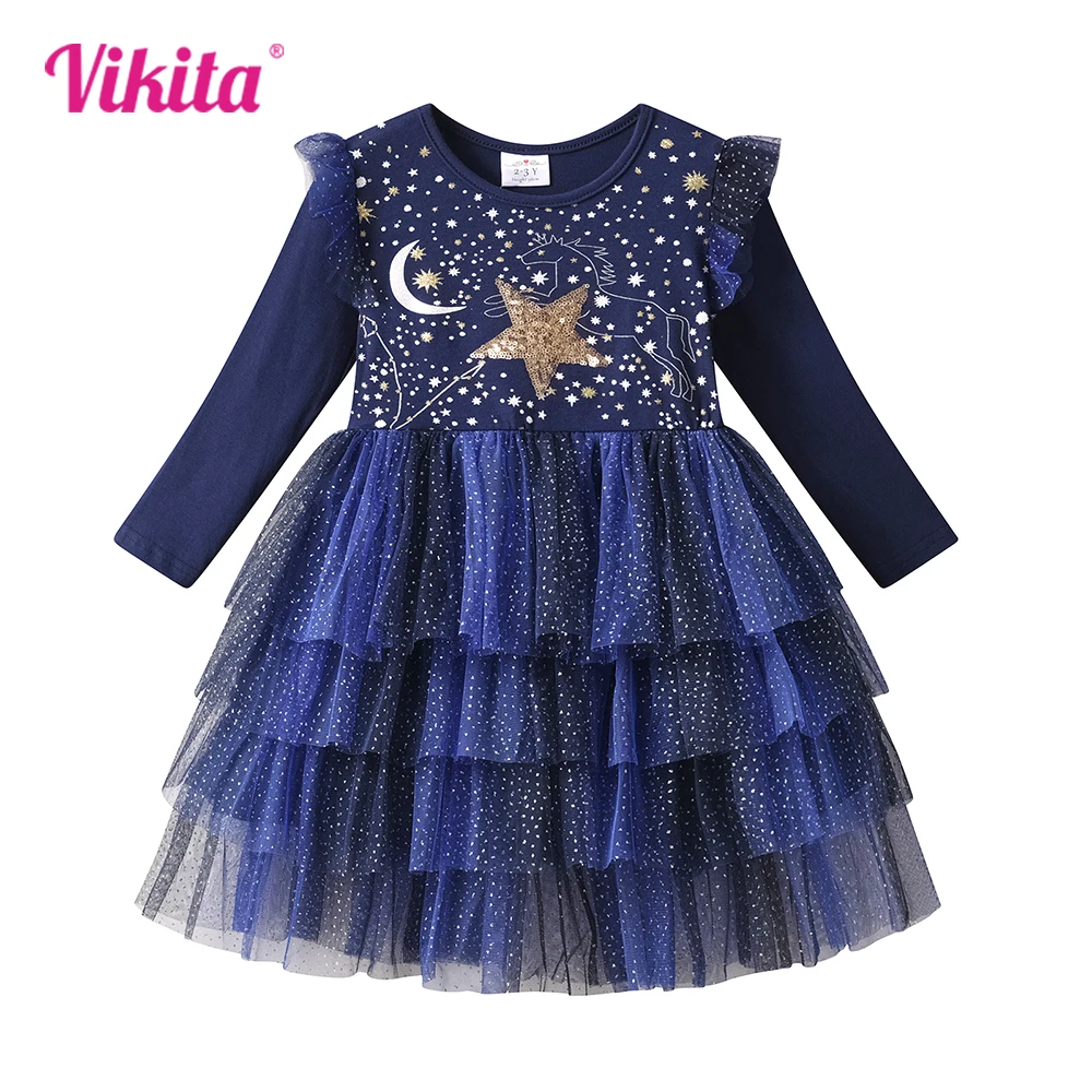 

VIKITA Girls Star Unicorn Sequins Appliqued Dress Kids Dot Flare Sleeve Navy Autumn Spring Dress Kids Mesh Layered Tutu Vestidos