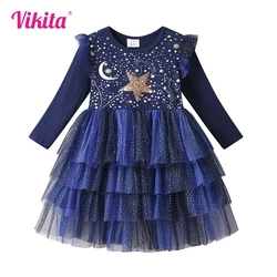 VIKITA Girls Star Unicorn Sequins Appliqued Dress Kids Dot Flare Sleeve Navy Autumn Spring Dress Kids Mesh Layered Tutu Vestidos