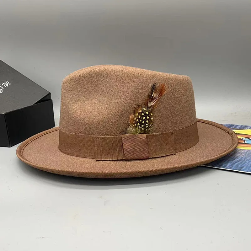 2023 sztuczna wełna kapelusz Fedora mężczyzn kobiet z szerokimi kapelusz kokardą akcesoria z piór jesienno-zimowych jazzowy kapelusz Panama