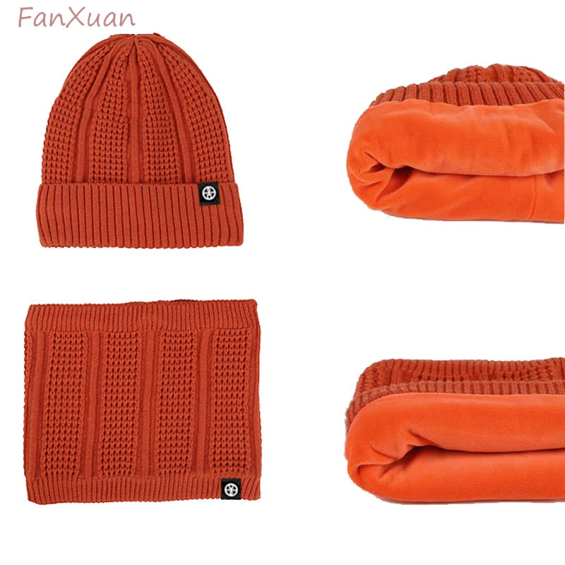 3pcs Winter Hats Scarf Gloves Set for Women Thick Plush lining double layers Beanies Snood Set Female purple orange green blue view 6