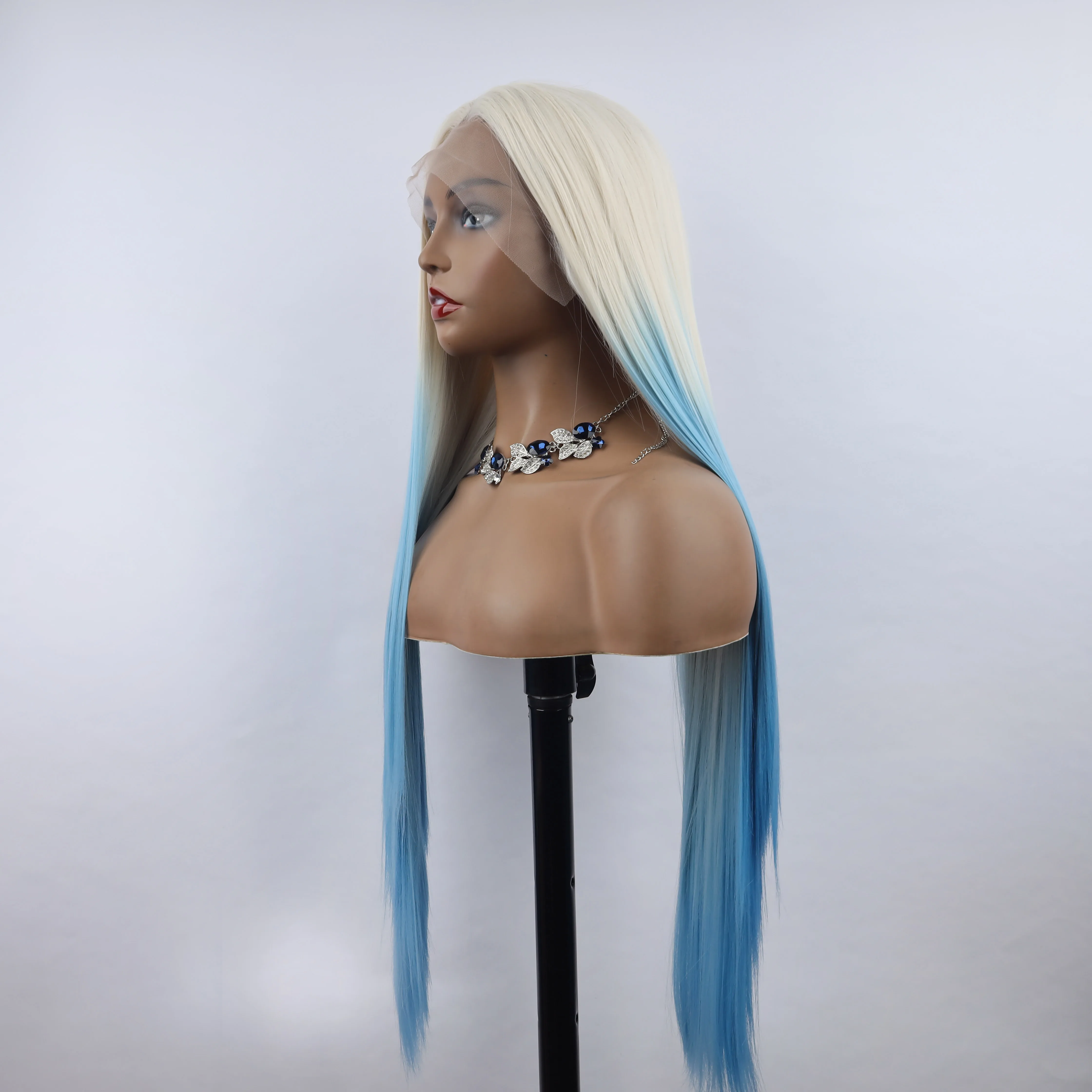 oley Fashion Straight Wig Synthetic Lace Front White Blue Female Lace Wig 13X3 For Black Women Cosplay Hair Daily Use