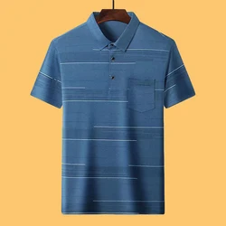 Summer Fashion Print Polo Shirt for Men Casual Short Sleeve Loose Ice Silk T Shirt Man Button Pocket Comfortable Breathable Tops