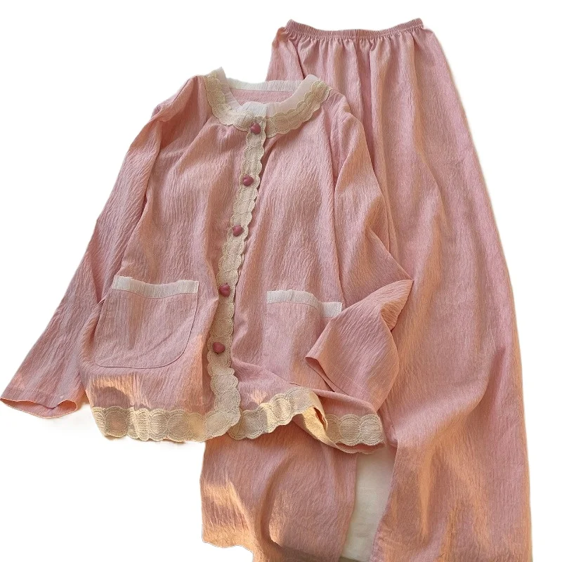 lace-pajamas-spring-autumn-with-padded-solid-color-heart-shaped-crew-neck-japanese-style-loose-and-comfortable-loungewear-set