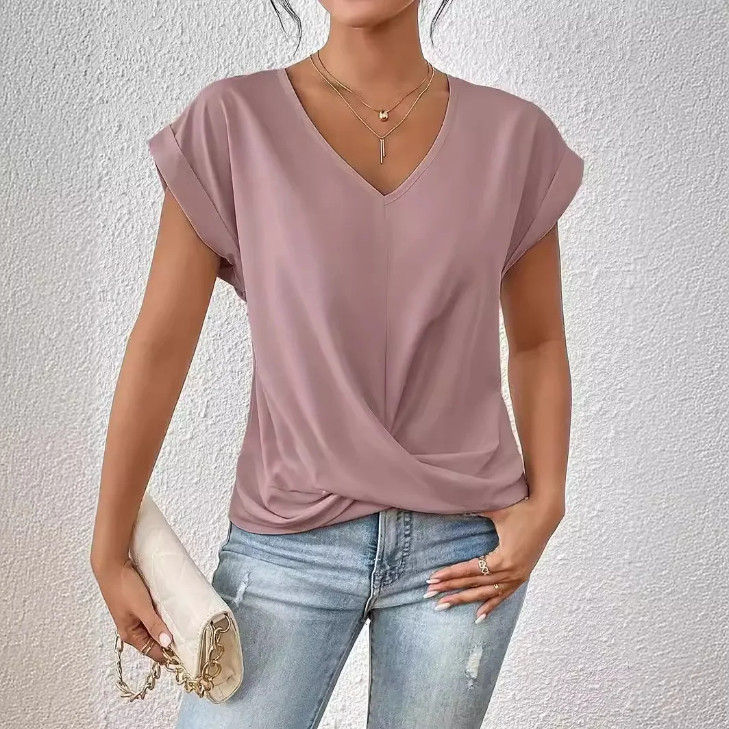 2024 New Spring and Autumn Women\'s Fashion Style Casual Solid Color V-neck T-shirt Elegant Short sleeved Top