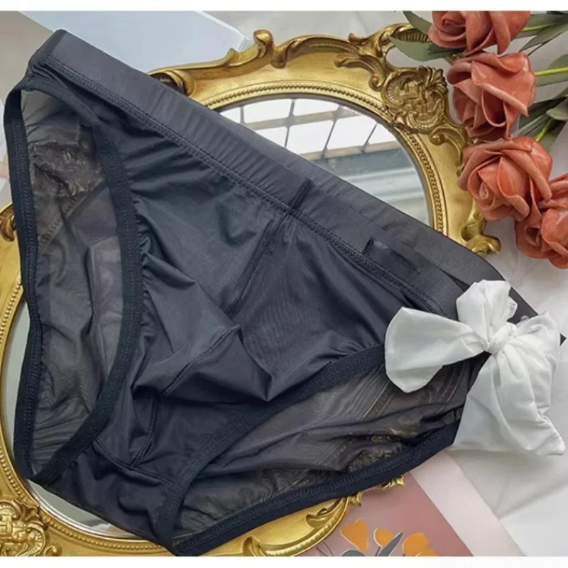 Men Sexy Mesh Sheer Lace Bow Underwear Low-rise Crossdressing Soft Lingerie U Convex Pouch Breifs Ultra-thin Breathable Panties