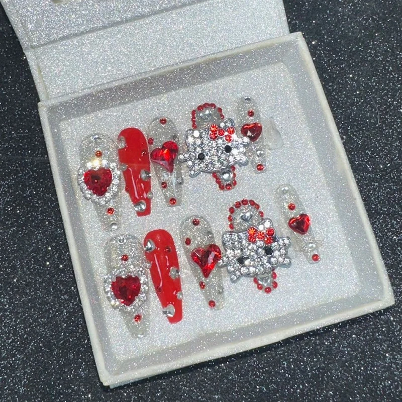 

Red Diamond Kitty Y2K Millennial Wearable Nail Tips Anime Cartoon Handmade Press On Nails Full Cover Fake Nail Gift