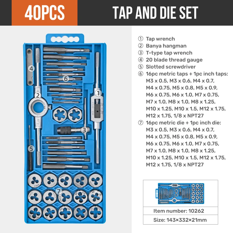 Hi-Spec 40PCS M3-M12 Tap and Die Set Metric Wrench Hand Threading Tool Internal Threads Tap Die Screw Thread Repair Tool Kit