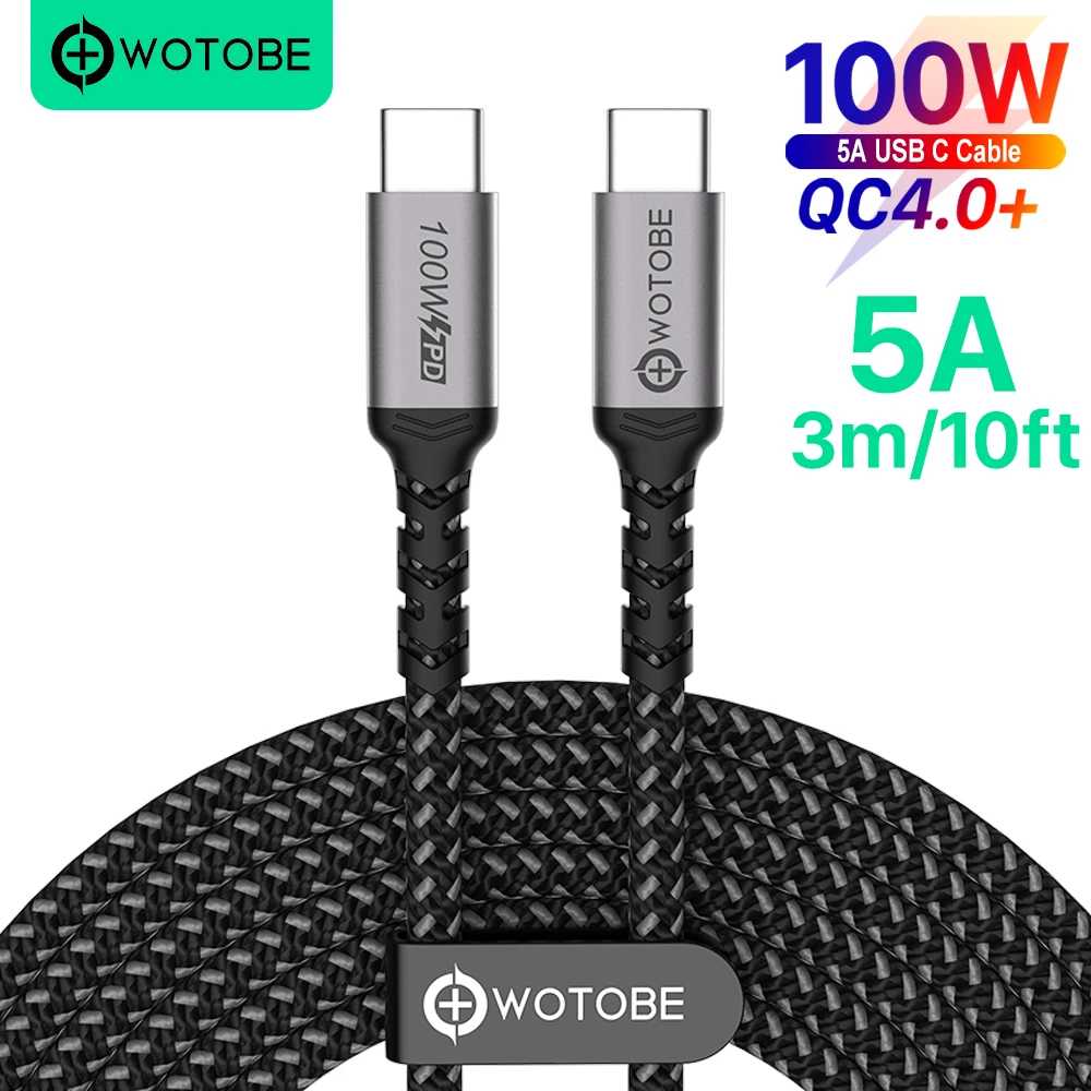 USB C to USB C Cable 3m 100W, WOTOBE Long 10ft USB Type-C 5A E Mark Fast Charging Nylon Braided Cord Compatible MacBook Pro iPad