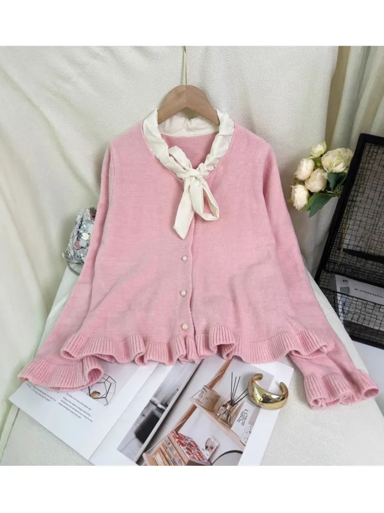 Delikatny sweter rozpinany z dzianiny, wiązany na kokardę, retro, damski, jesienno-zimowy, jednolity kolor, długi rękaw, okrągły dekolt, uniwersalne topy.