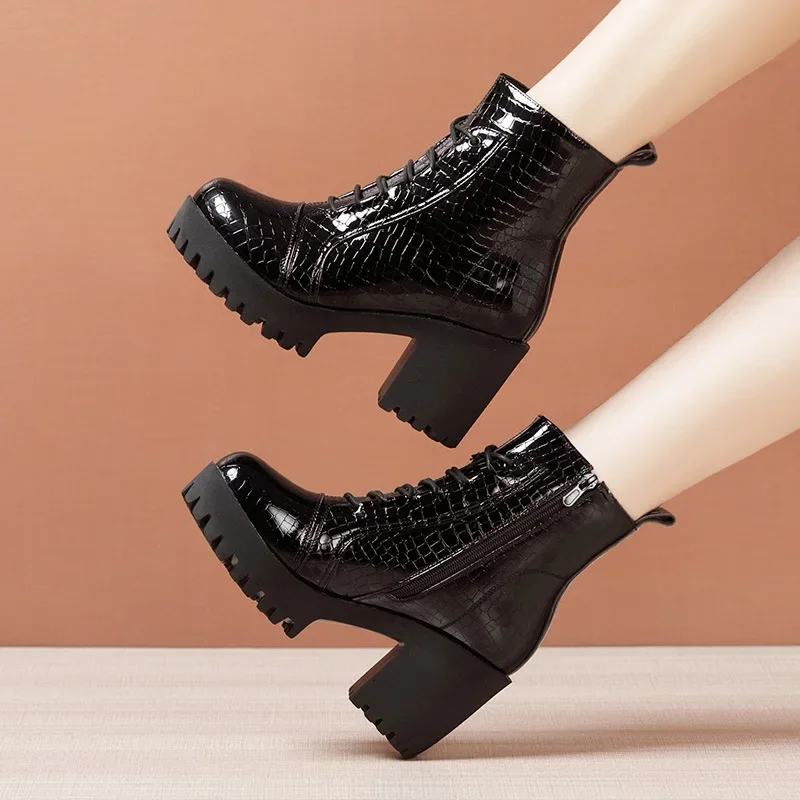 8cm Small Size 32-43 British Thick Bottom Platform Shoes Fall Winter 2024 Block High Heels Leather Short Ankle Boots for Women