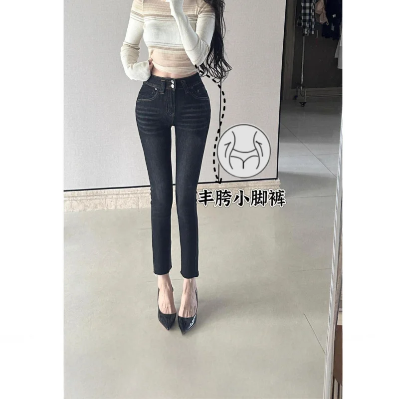 

American hot girl with plump hips~Embroidered design black slim-fit pants with double buttons, high waist, slimming, stretchy, c