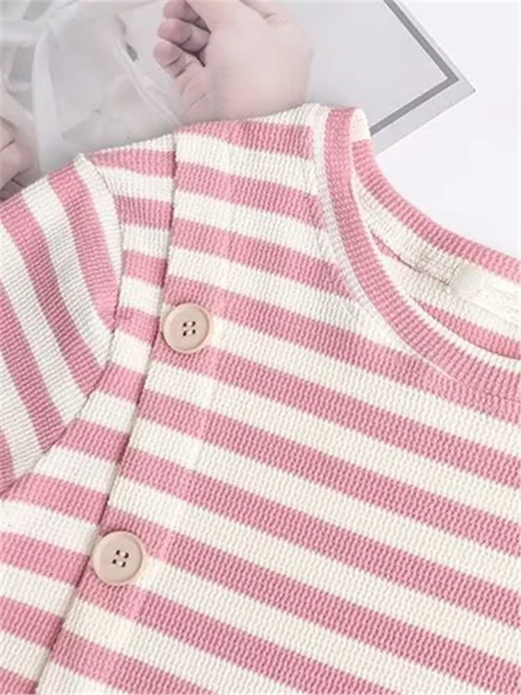 Plus Size Women's Clothing Long-Sleeved T-Shirt Round Neck Stripe Woven Fabric Striped Pullover Button Trim on Right Front Chest